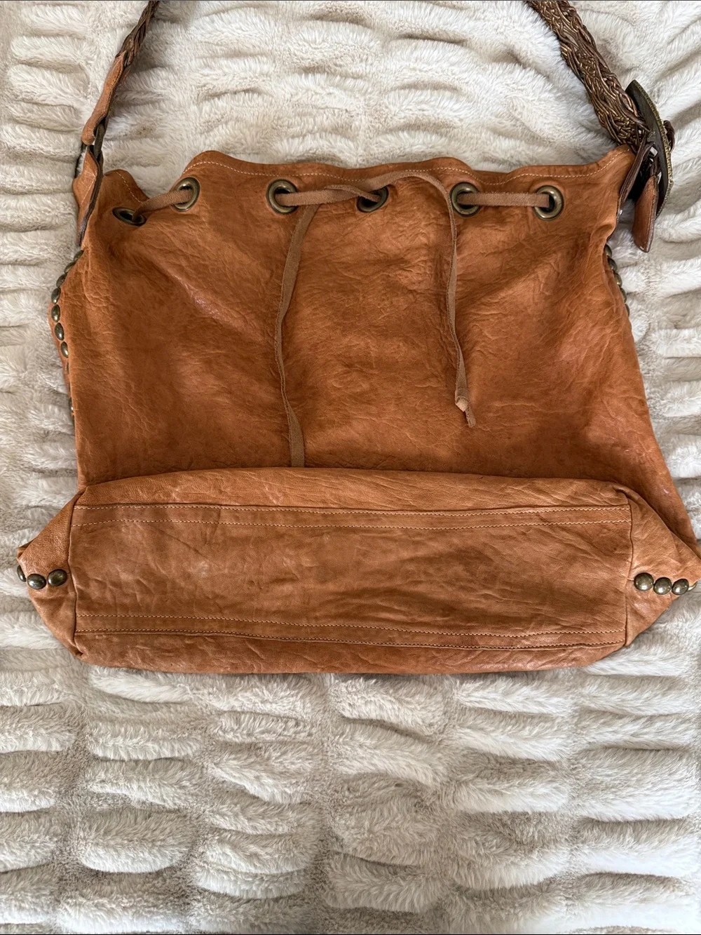 Leather Rock Cognac Drawstring Hobo Bag with Woven Strap